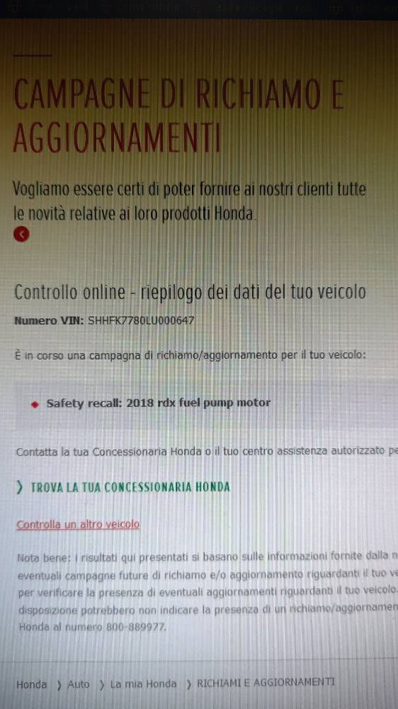 Richiamo Civic X (motore pompa benzina)